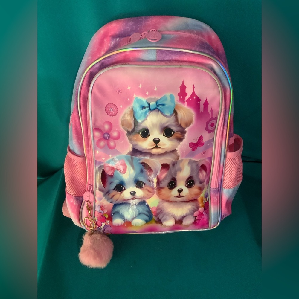CCJPX Cute Puppy Print Kids Backpack w/Pink Fuzzy Pom Pom Charm